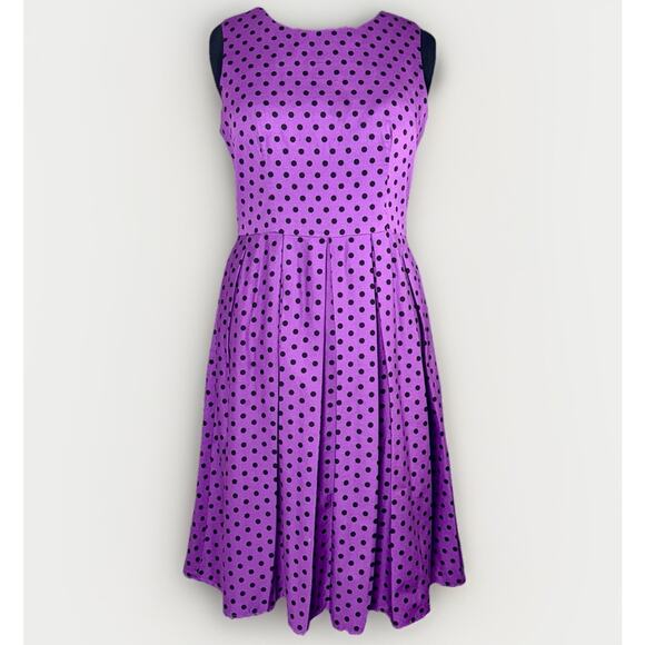 Dolly & Dotty Dress 12 Purple Black Polka Dots Pleat Rockabilly Fit Flare Pocket - Picture 1 of 6